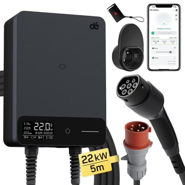 EV-ladestation, Maks 22kW effekt, 3-faset kapacitet,22 kW 5 m kabel, Type2