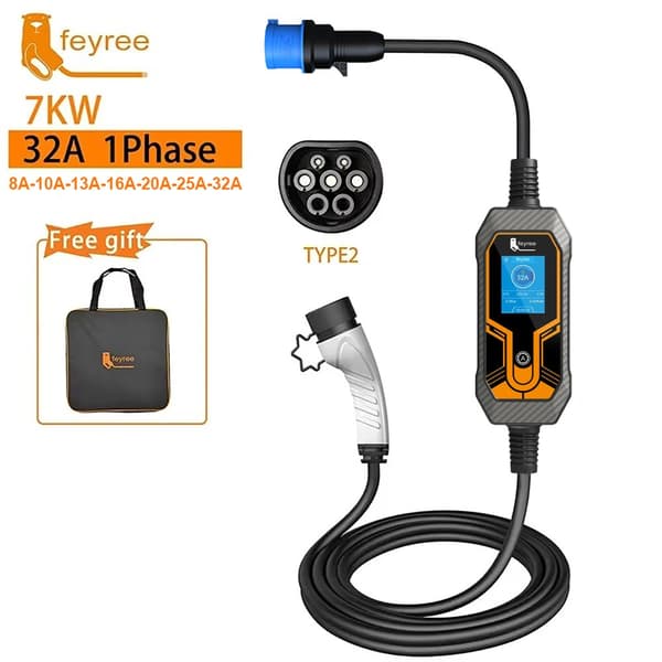 Bærbar EV-lader, 5 m kabel længde, IP65 vandtæt rating,7KW 32A 1Fase, TYPE2
