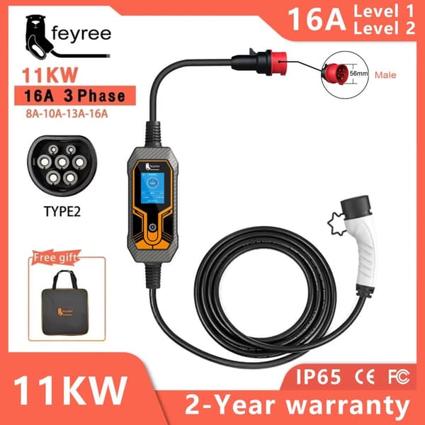 Kannettava sähköauton laturi, 11 kW teho, 16 A virta,11KW 5m EI sovitinta, TYYPPI2