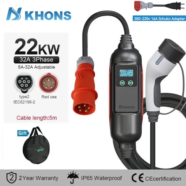 EV Bärbar Laddare, 22KW, IEC62196-2, 5m Kabel,22KW och 16A adapter, TYPE2