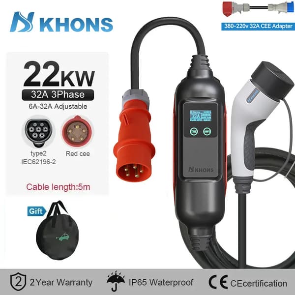 EV-kannettava laturi, 22 kW, IEC62196-2, 5 m kaapeli,22KW ja 32A sovitin, TYYPE2