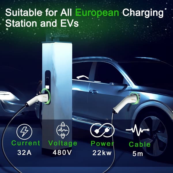 Type 2 EV-ladekabel, 22KW hurtigladning, 5 meter længde, vejrbestandig