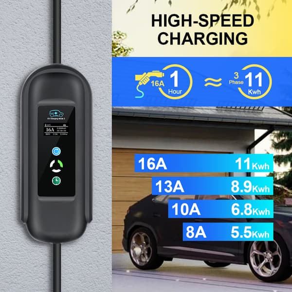Kannettava sähköauton laturi, säädettävä 8-16A virta, 11KW teho,TYyppi2