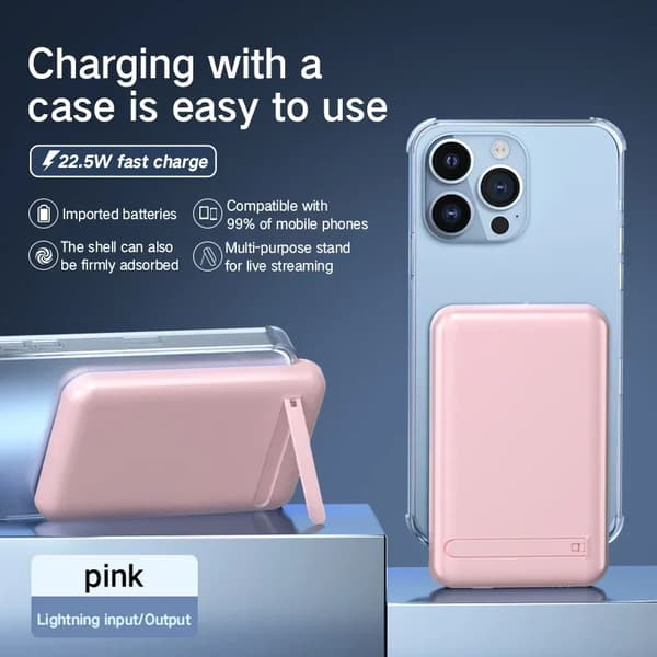 Bærbar trådløs powerbank, 10000mAh kapacitet, 22,5W hurtigopladning,Lyserødt lyn