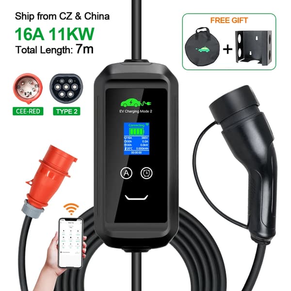 Kannettava sähköauton laturi, 11 kW teho, 7 m pituus,TYYPE2, F2-T2-11KW-APP-7M