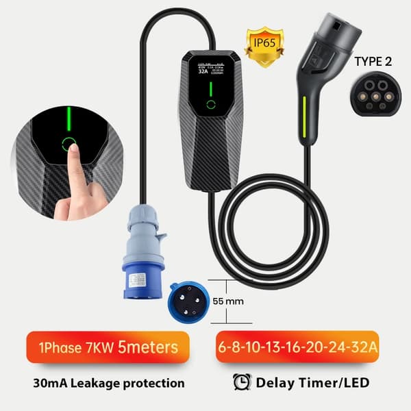 Kannettava sähköauton laturi, säädettävä virta 6-32A, IP65 vesitiivis,SYB Pro 7KW 5M
