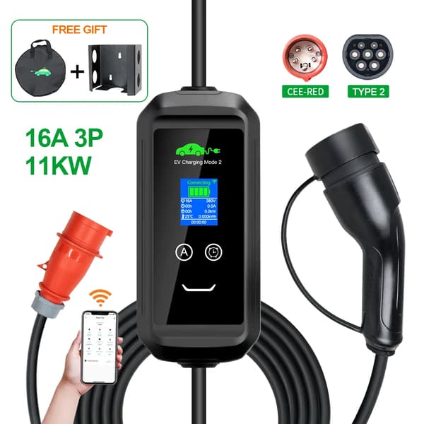 Bærbar EV-lader, 16A strøm, 11KW effekt,F2-T2-11KW-10M-APP, TYPE2