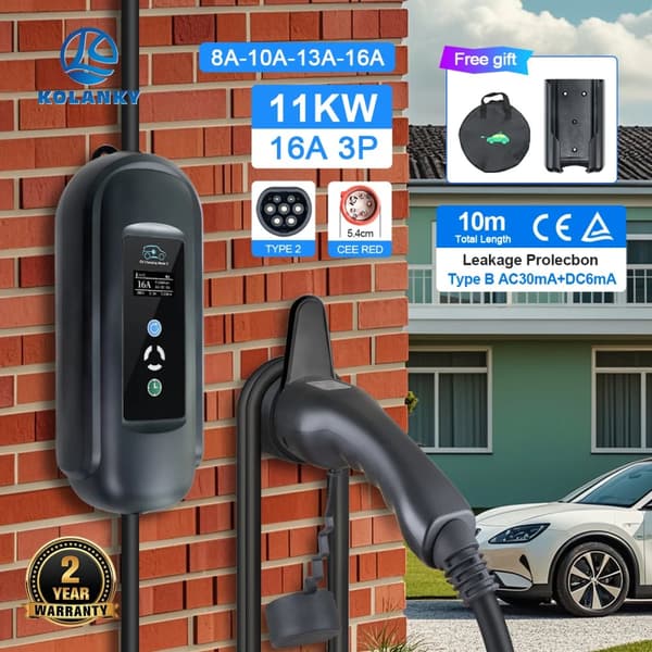 Kannettava sähköauton laturi, 11 kW maksimiteho, säädettävät virtaoptiot,TYYPE2, musta