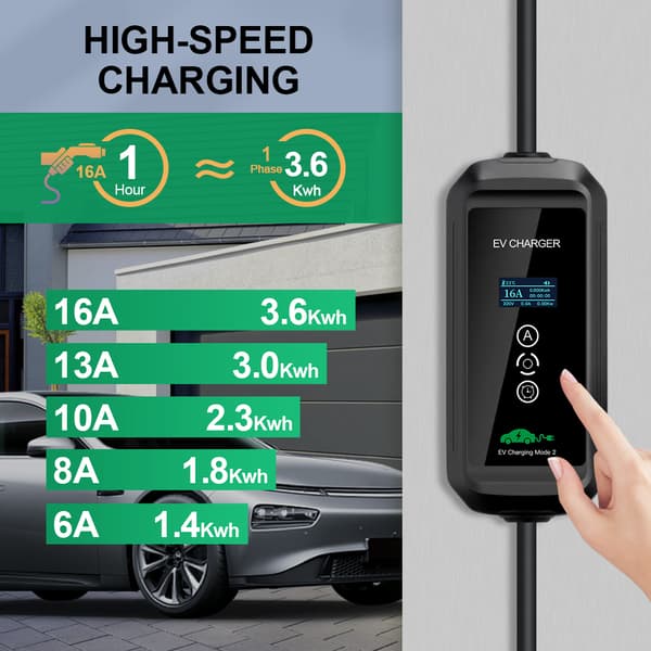 Kannettava sähköauton laturi, 3.6 kW teho, säädettävät virta-asetukset,TYyppi2