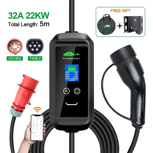 Bærbar EV-lader, 22KW effektudgang, Tuya App-tilslutning,F2-T2-22KW-APP-5M, TYPE2
