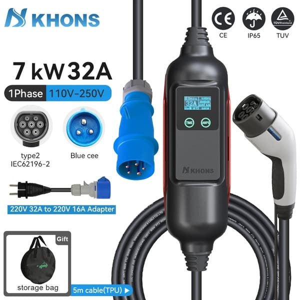 Sähköajoneuvon laturi, 7 kW teho, IP65-luokitus,TYYPE2, 7KW ja 16A Adapter-a