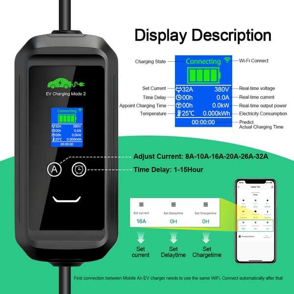 Bærbar EV-lader, 3,6KW effektudgang, smart WiFi-kontrol,TYPE2