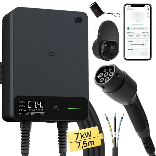 EV-lader, Maks 7,4 kW effekt, 7,5 m kabel længde,TYPE2, 7,4 kW vægmonteret ladestation 7,5 m