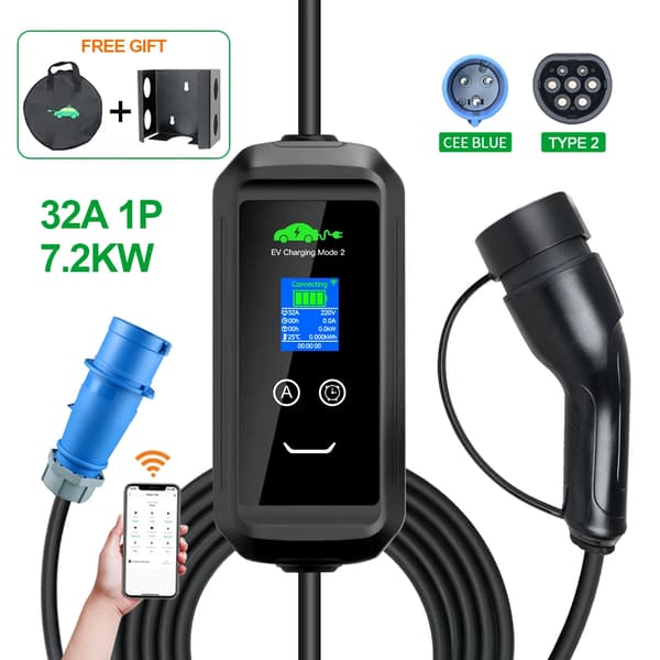 Kannettava sähköauton laturi, 7.2 kW teho, Wi-Fi-ohjaus,TYYPE2, F2-T2-7.2KW-SOVELLUS