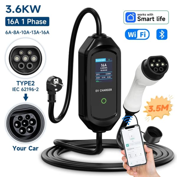 Bærbar Elektrisk Biloplader, 3600W Effekt, Justerbar Opladningsstrøm,type2