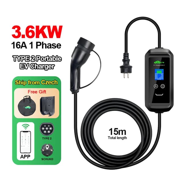 Kannettava sähköauton laturi, 3.6 kW teho, älykäs sovellushallinta,TYYPE2, musta