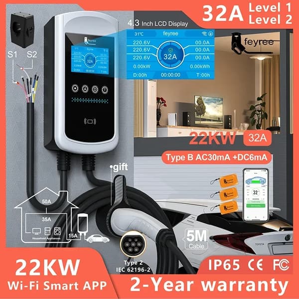 EV-laturi, 7.6KW 32A, Älykäs etävalvonta,TYYPE2, 22kW 32A 3-vaihe