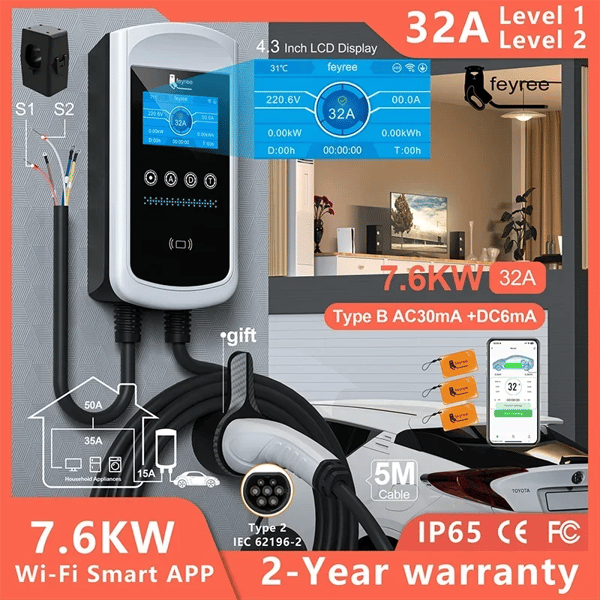 EV-laturi, 7.6KW 32A, Älykäs etävalvonta,7,6 kW 32 A 1 vaihe, TYYPE2
