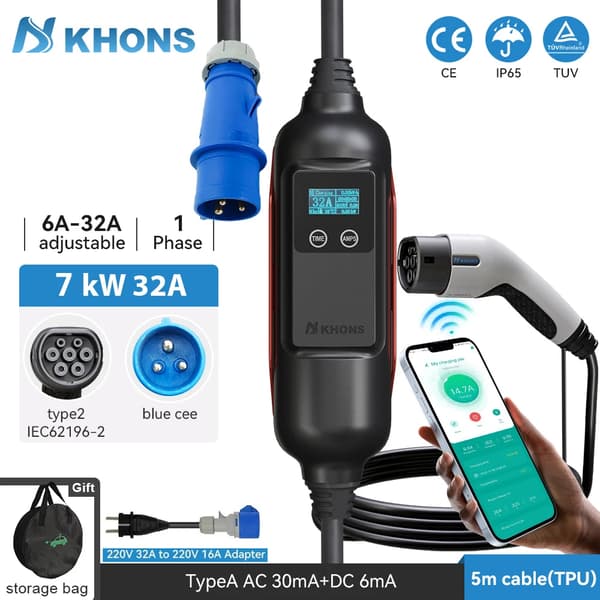 Kannettava sähköauton laturi, 7 kW teho, 6A-32A säädettävä virta,7KW ja 16A sovitin, TYYPPI2