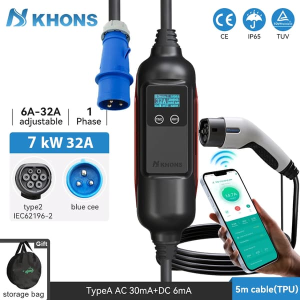 Kannettava sähköauton laturi, 7 kW teho, 6A-32A säädettävä virta,7KW 32A 1-vaihe, TYYPPI2
