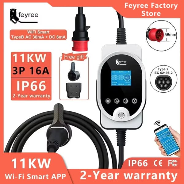 Kannettava sähköauton laturi, 11 kW teho, Wi-Fi älykäs ohjaus,TYYPE2, 11KW APP EI Adaptor