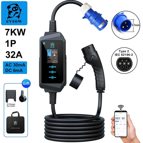 Bärbar EV-laddare, 7KW effekt, max 32A ström, IP66-klassning,7KW APP INGEN Adapter