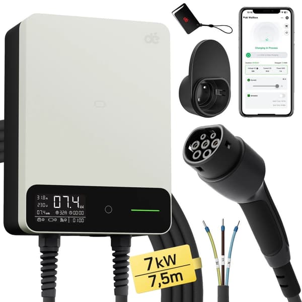 EV-laturi, 7.4 kW, Tyyppi 2 latauskaapeli, säädettävä virta,7.4kW 7.5m Valkoinen, TYYPE2