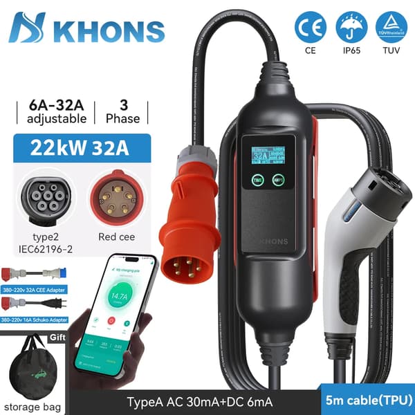 Khons EV Kannettava Latauslaite, 22KW Teho, 32A Virrankesto,22KW ja sovitin, TYYPPI2