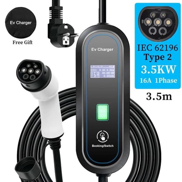Bærbar EV-lader, 3,5 kW udgangseffekt, IP65 vandtæt rating,3,5 meter 16A type2
