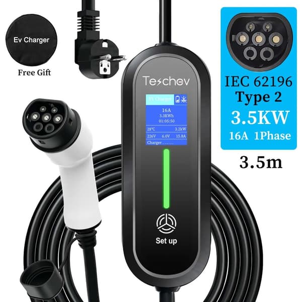 Bærbar EV-lader, 3,5 kW udgangseffekt, IP65 vandtæt rating,Nye 3,5 meter type2