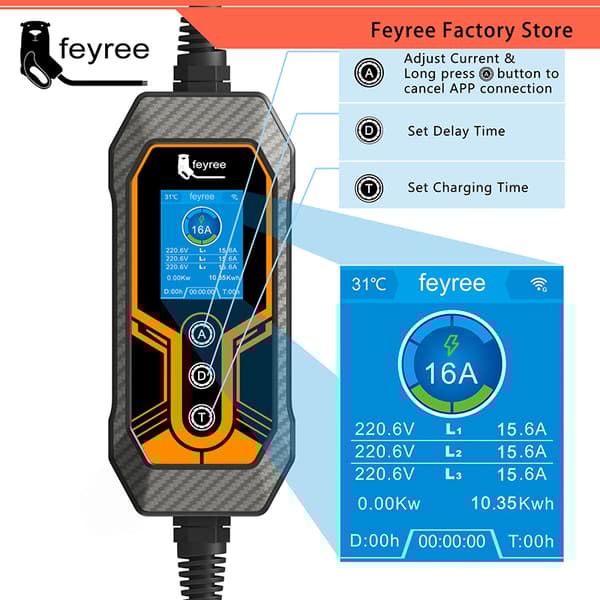 Kannettava sähköauton latauslaite, Type2-yhteensopivuus, Wi-Fi- ja Bluetooth-yhteys, Tyyppi2