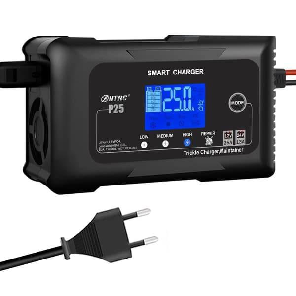Bilbatterioplader, 12V 25A Hurtig Opladning, LCD Skærm, EU-stik