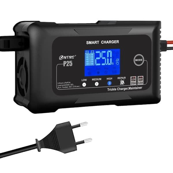 Bilbatterioplader, 12V 25A Hurtig Opladning, LCD Skærm, EU-stik