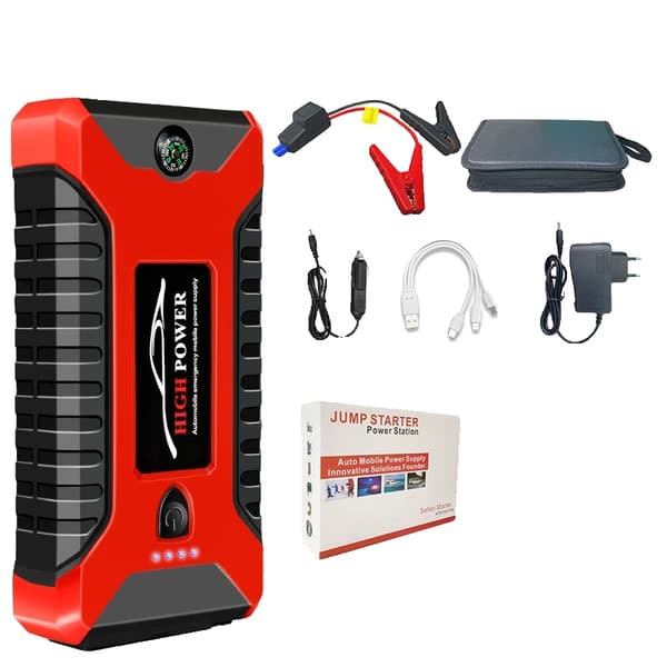 Transportabel bilbatteri starter, 12000mAh kapacitet, 600A topstrøm,Rød lædertaske (Smart Clip)