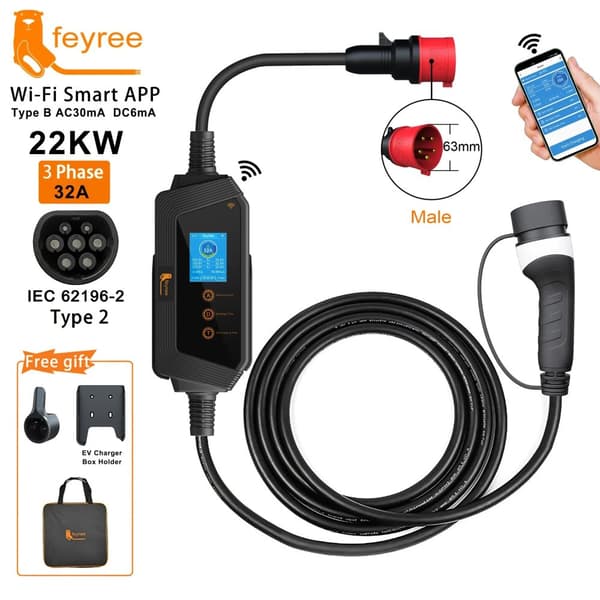 Bærbar EV-lader, 22KW Hurtigopladning, Wi-Fi APP-styring, 22KW APP NO Adapter