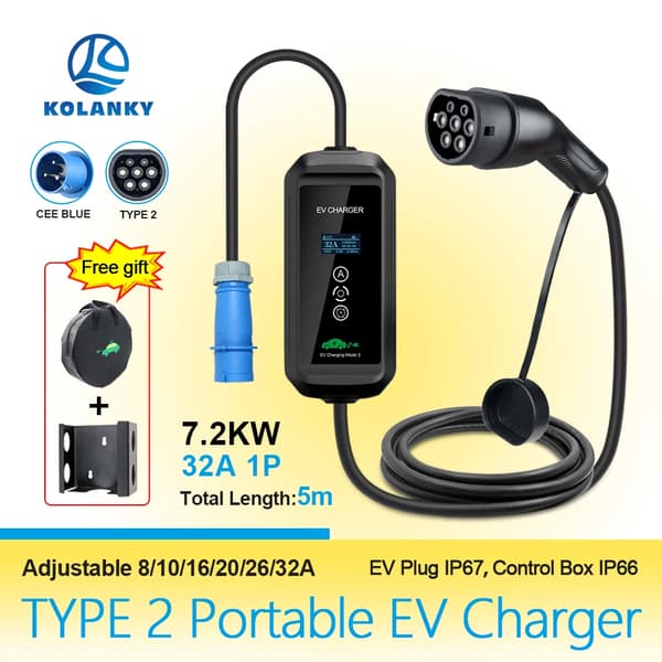 Kannettava 7KW Type 2 EV -laturi, säädettävä virta 32A, 5 metrin pituus,Tyyppi 2 7KW
