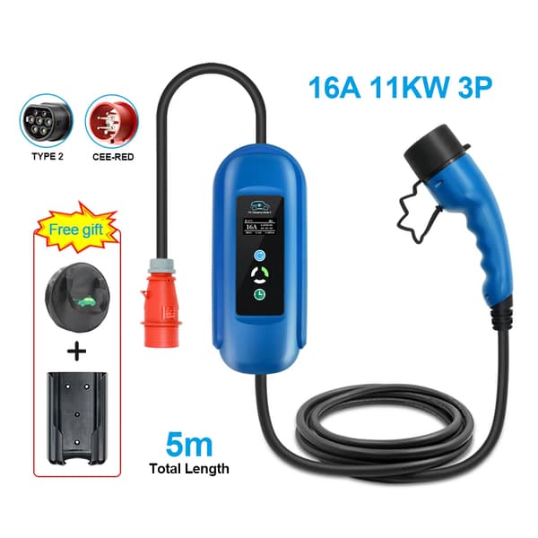 Bærbar EV-lader, 11KW 5M kabel, Justerbar strøm 8A/10A/13A/16A,Blå Holder