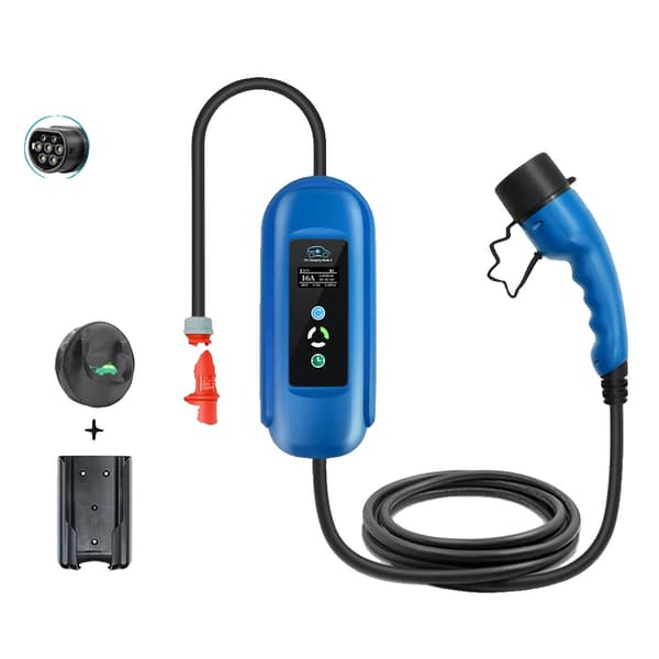 Bærbar EV-lader, 11KW 5M kabel, Justerbar strøm 8A/10A/13A/16A,Blå Holder