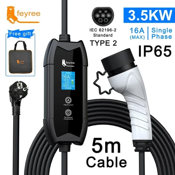 Feyree EV-laturi, 3,5 kW teho, kevyt ja kannettava, säädettävä virta,Tyyppi2