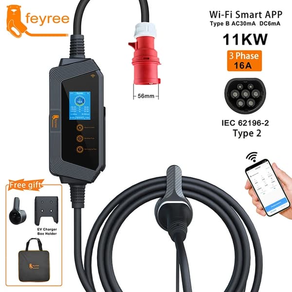 Bærbar EV-lader, 11KW Hurtigopladning, Wi-Fi kontrol, 11KW APP NO Adapter