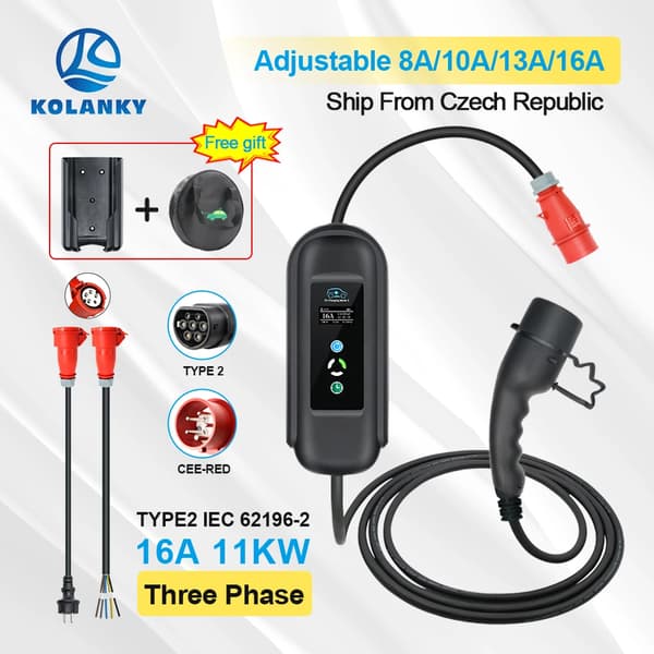 Bärbar elbilsladdare, 11 kW effektutgång, justerbara ströminställningar,Adapterväska krok, TYPE2