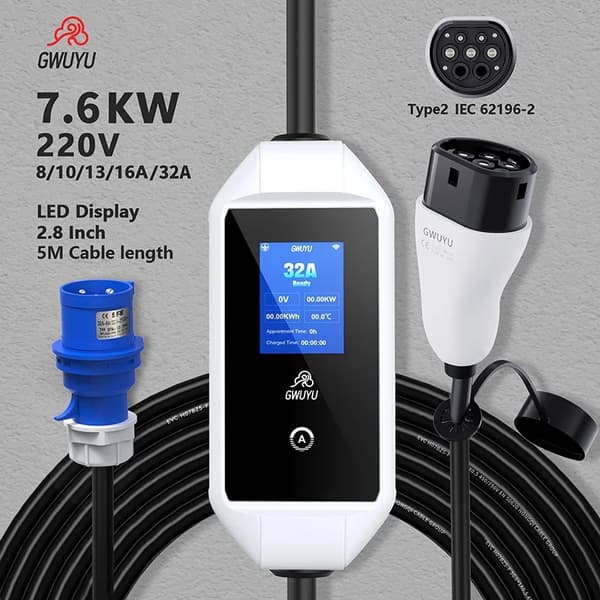 Kannettava sähköauton laturi, 7.6 kW teho, 5 m kaapelin pituus,7.6KW 32A Led-näyttö, TYYPE2