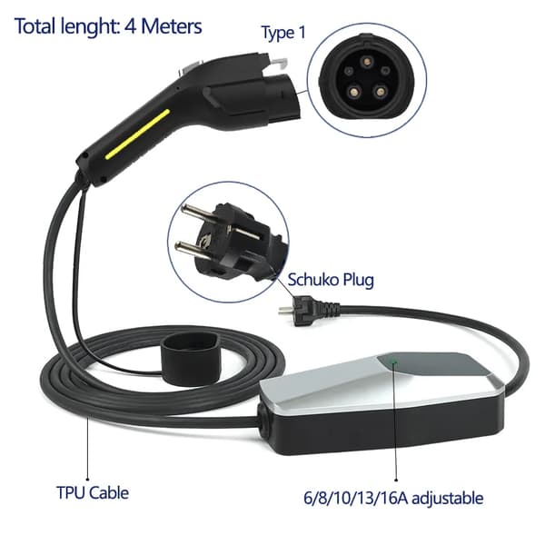 Elbiloplader, justerbar strøm 6A-32A, Mode 2 oplader,T1 16A 1 fase 4 meter