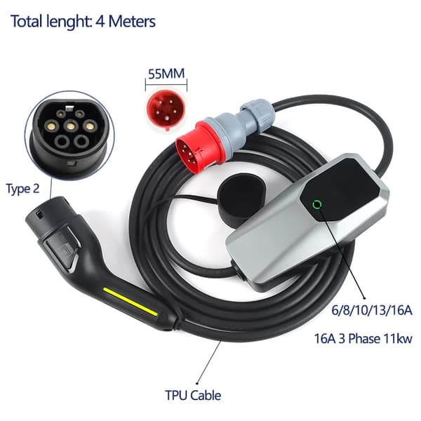Elbiloplader, justerbar strøm 6A-32A, Mode 2 oplader,T2 16A 3 fase 4 meter