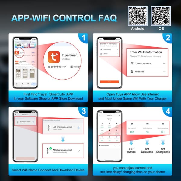 Bærbar EV-lader, 16A 11KW, justerbar strøm, smart WiFi-kontrol,TYPE2, Total 7M Med APP