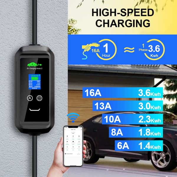 Bærbar EV-lader, 16A 11KW, justerbar strøm, smart WiFi-kontrol,TYPE2, Total 7M Med APP