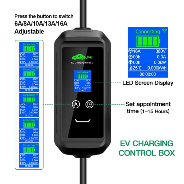 EV-lader Type 2, 11KW effekt, justerbar strøm, 10M længde,TYPE2
