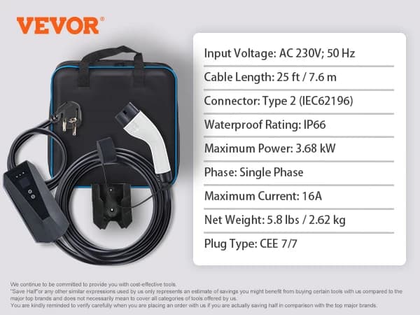 Kannettava sähköauton laturi, Tyyppi 2 liitin, 3,68 kW teho, 25 jalkaa kaapelin pituus,LCD-näyttö 3.68kW