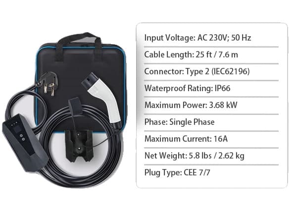 Kannettava sähköauton laturi, Tyyppi 2 liitin, 3,68 kW teho, 25 jalkaa kaapelin pituus,LCD-näyttö 3.68kW