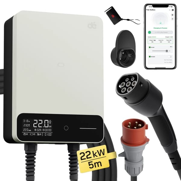 Ladestation til elektriske køretøjer, 22kW effekt, smart app kontrol,TYPE2, 5M med APP Hvid